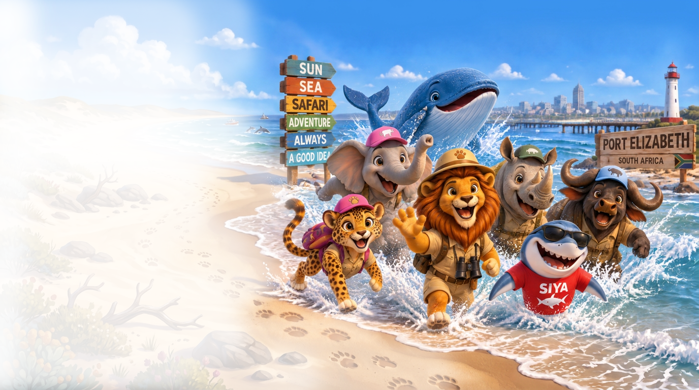 The Big 7 characters splashing on a Port Elizabeth beach