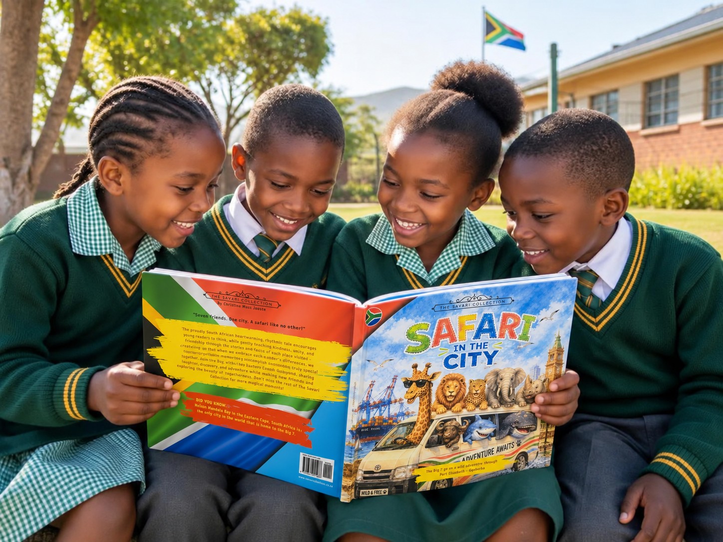 Four schoolchildren in uniform reading Safari in the City together