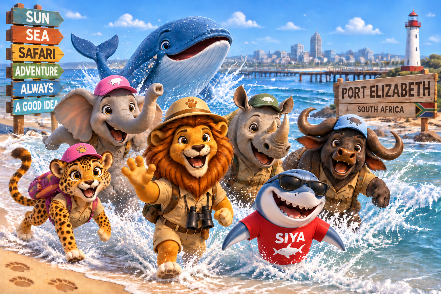The Big 7 characters splashing through the surf on a Port Elizabeth beach