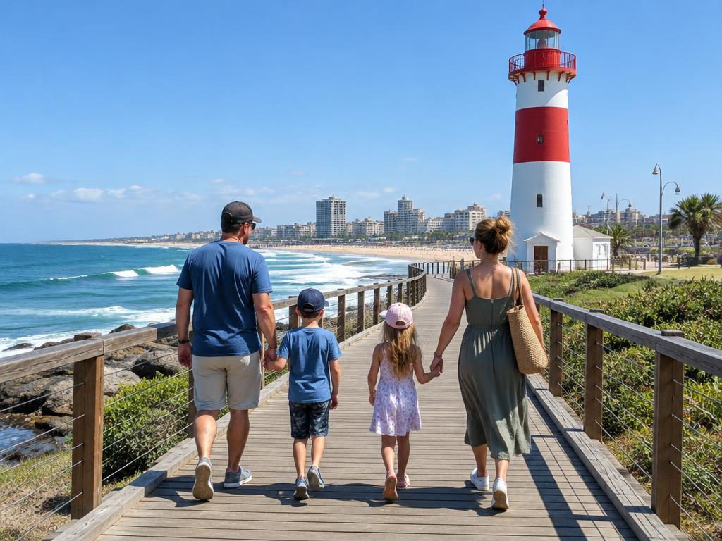 Family on the beachfront boardwalk